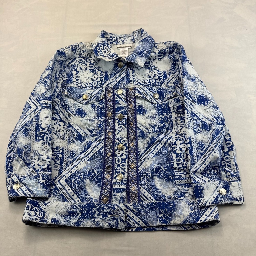 Mirror Image Trucker Jacket Womens Small Blue White Batik Denim Beaded Detail